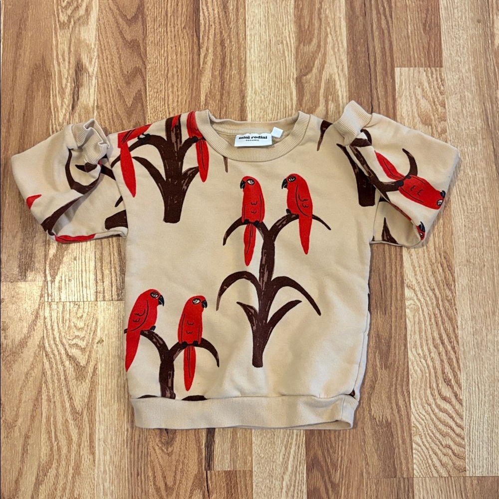 Mini Rodini Beige Red Bird Graphic Crewneck Long Sleeve Cotton Sweatshirt